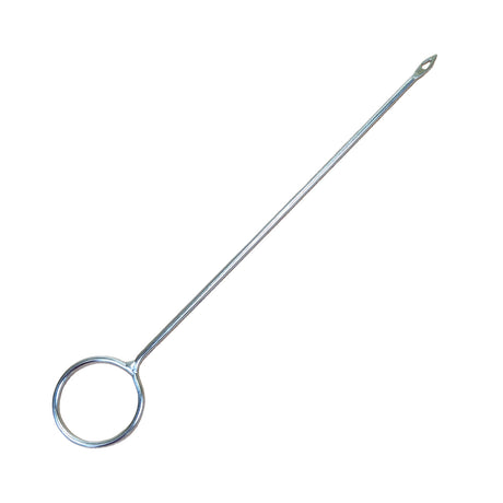 A stainless steel splicing needle with a circular loop handle and a pointed tip, shown diagonally on a plain white background.