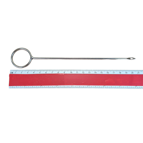 A long metal splicing tool with a circular loop at one end and a pointed tip at the other, shown horizontally above a red measuring tape for scale, on a white background.