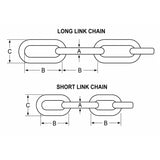 Technical dimension diagram showing two chain configurations labeled LONG LINK CHAIN and SHORT LINK CHAIN, with arrows and labels A, B, and C indicating link measurements on a white background.