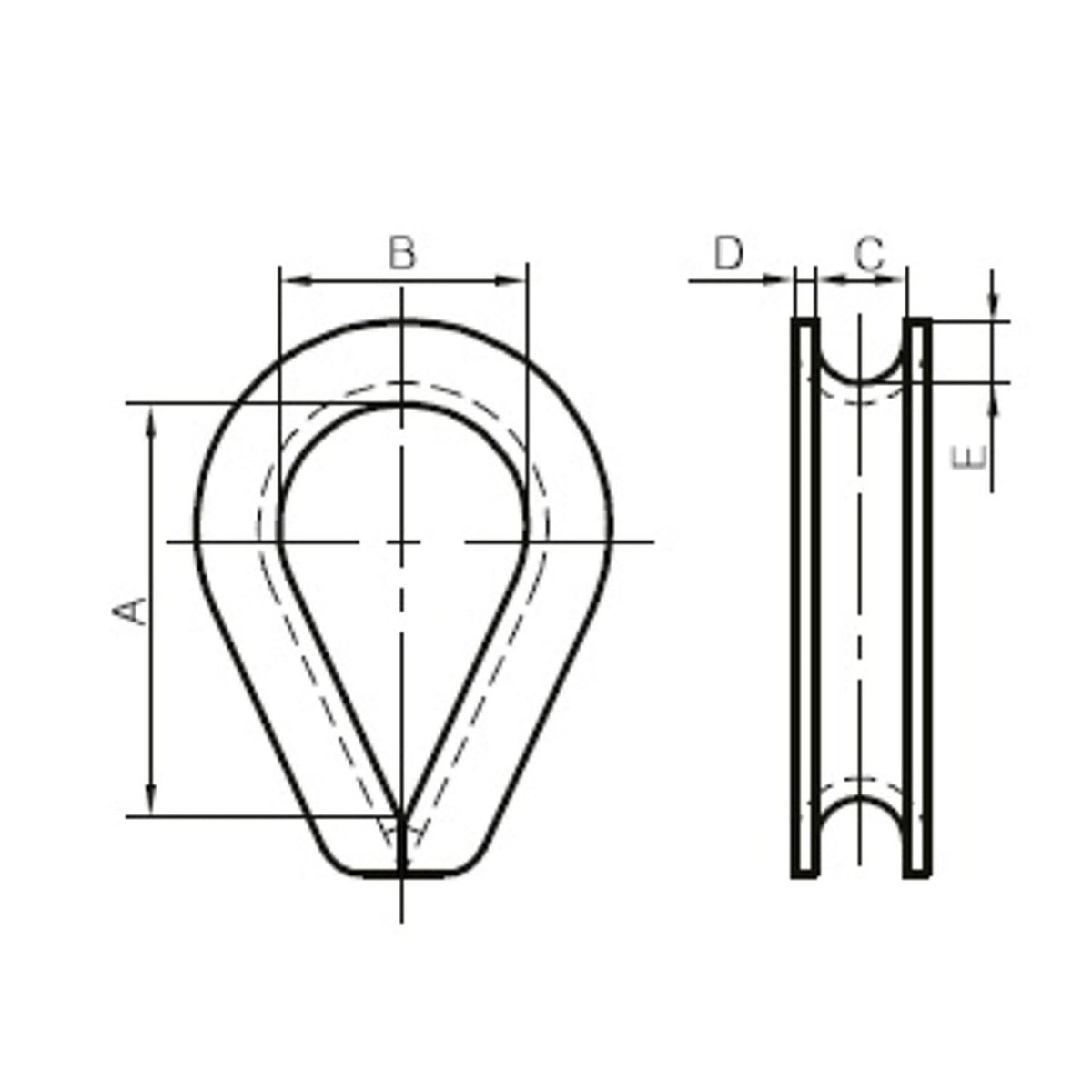 Technical dimension diagram of a metal heart shaped thimble, showing front and side profile views with labelled dimensions A, B, C, D, and E on a white background.