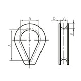 Technical dimension diagram of a metal heart shaped thimble, showing front and side profile views with labelled dimensions A, B, C, D, and E on a white background.