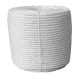 Coil of white staplespun rope on a white background