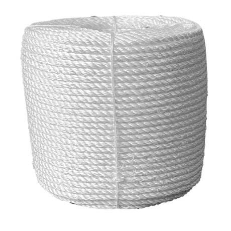 Coil of white staplespun rope on a white background