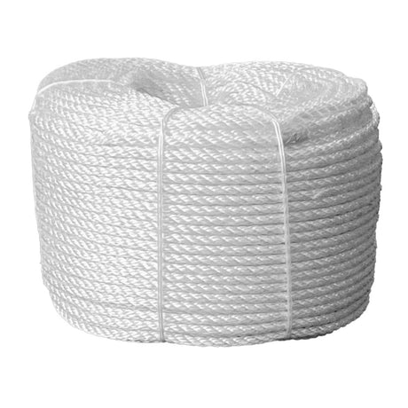 White rope in a coil on a white background