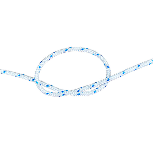 3.5mm white braided starter cord with a blue fleck in a knot on a white background