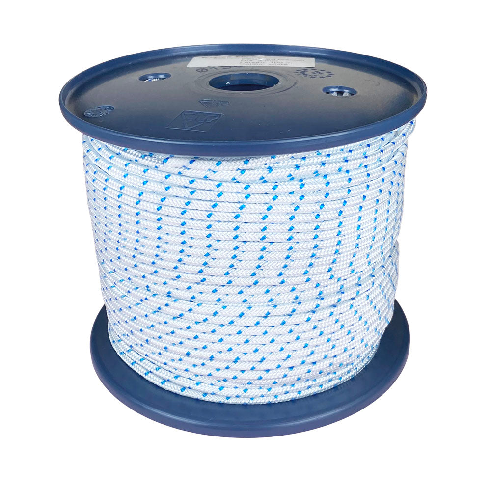Spool of 3mm white starter cord with blue markers on a white background