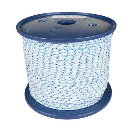 Spool of 3mm white starter cord with blue markers on a white background