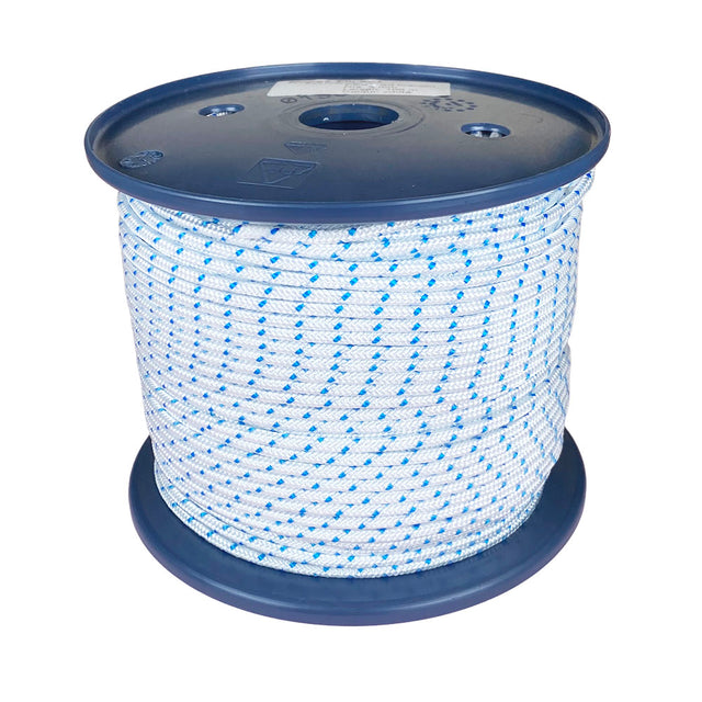 Spool of 3mm white starter cord with blue markers on a white background