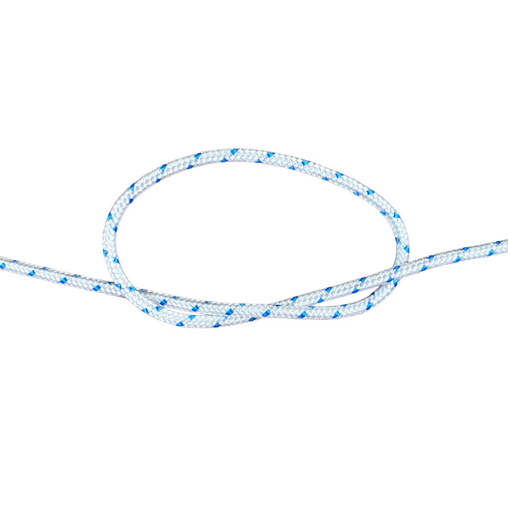 3mm white braided starter cord with a blue fleck in a knot on a white background