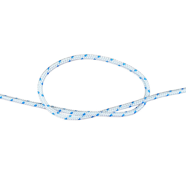 3mm white braided starter cord with a blue fleck in a knot on a white background