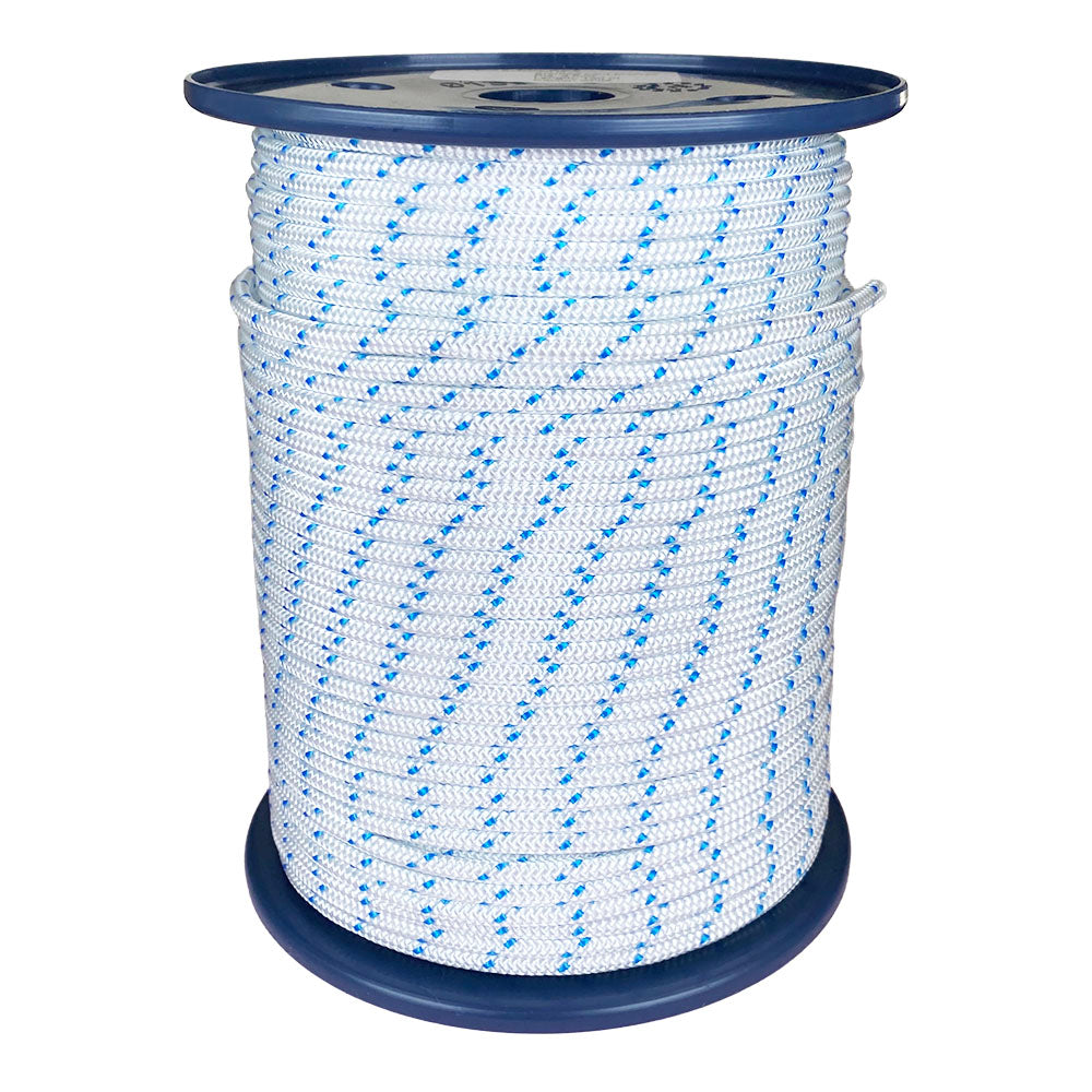 Spool of 4mm white starter cord with blue markers on a white background