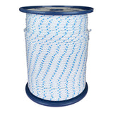 Spool of 4mm white starter cord with blue markers on a white background
