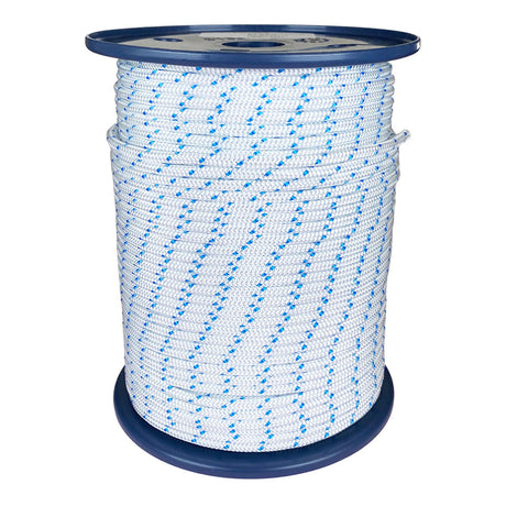 Spool of 4mm white starter cord with blue markers on a white background