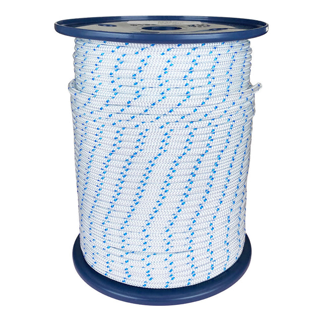 Spool of 4mm white starter cord with blue markers on a white background