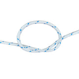 4mm white braided starter cord with a blue fleck in a knot on a white background