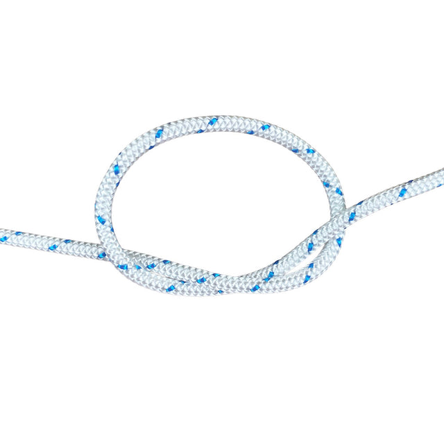 4mm white braided starter cord with a blue fleck in a knot on a white background