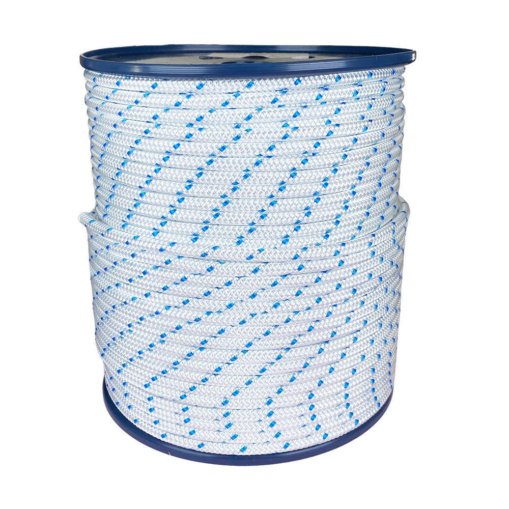 Spool of 5mm white starter cord with blue markers on a white background