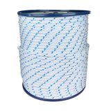 Spool of 5mm white starter cord with blue markers on a white background