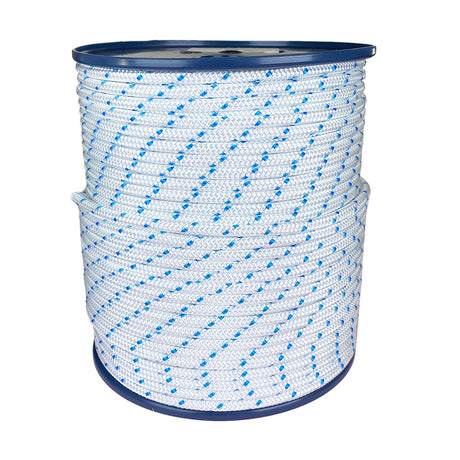 Spool of 5mm white starter cord with blue markers on a white background
