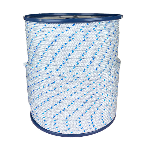 Spool of 5mm white starter cord with blue markers on a white background