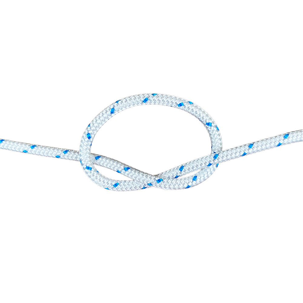 5mm white braided starter cord with a blue fleck in a knot on a white background