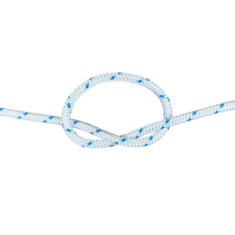 5mm white braided starter cord with a blue fleck in a knot on a white background