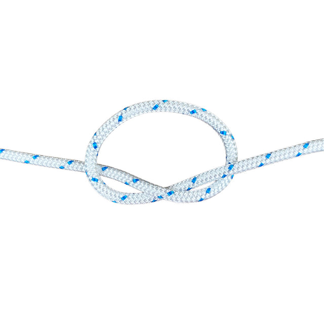 5mm white braided starter cord with a blue fleck in a knot on a white background