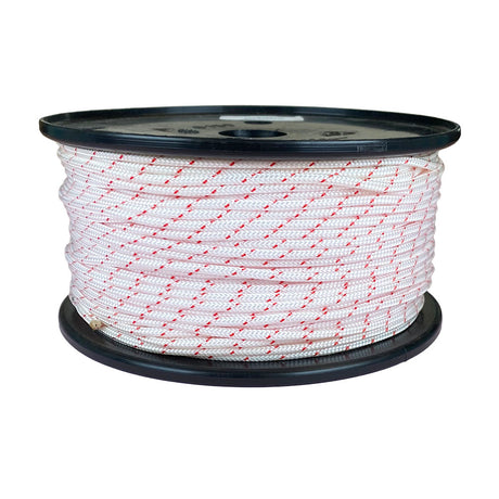Spool of 3mm white starter cord with red markers on a white background