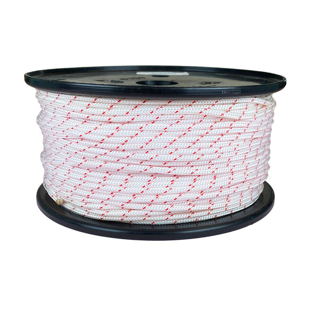 Spool of 3mm white starter cord with red markers on a white background