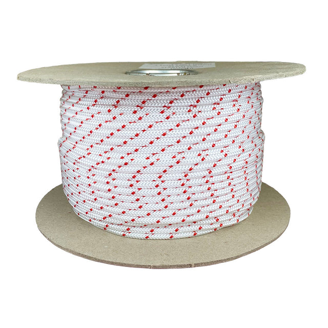 Spool of 4.5mm white starter cord with red markers on a white background