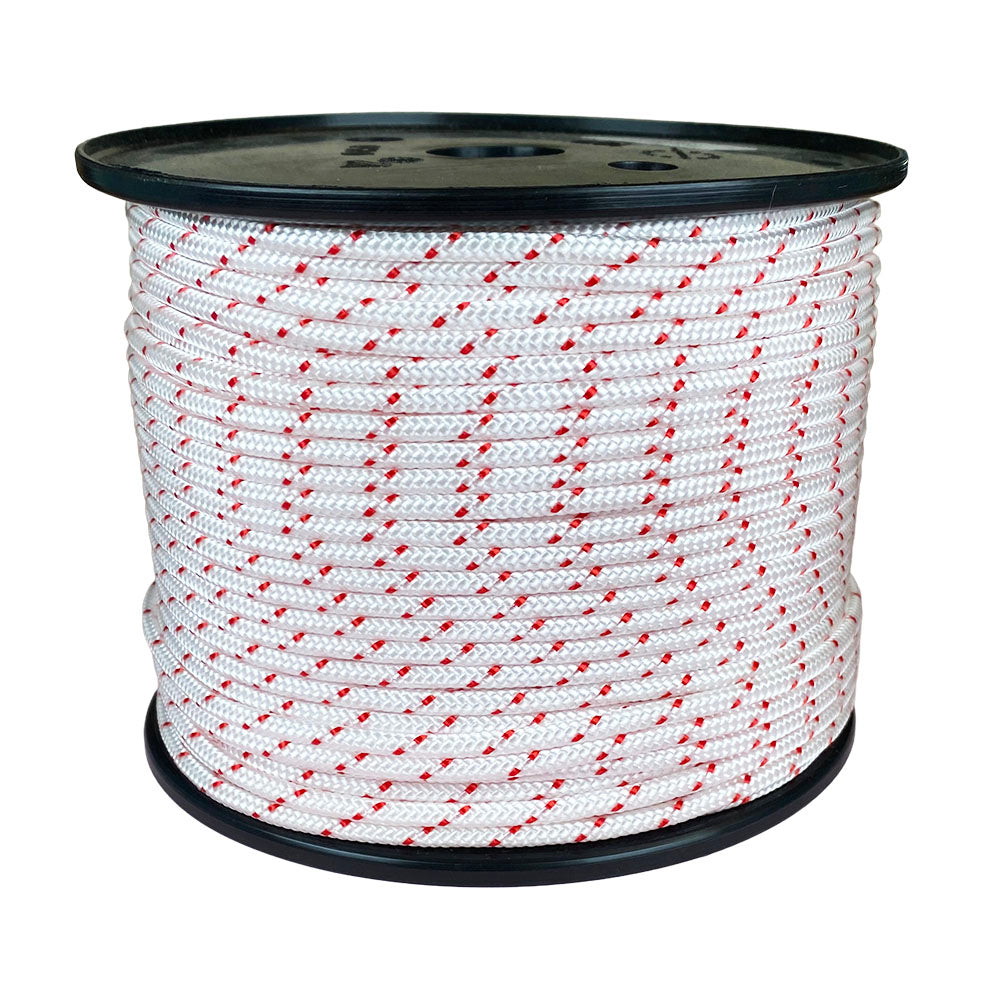 Spool of 4mm white starter cord with red markers on a white background