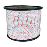 Spool of 4mm white starter cord with red markers on a white background