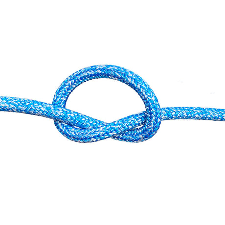 Blue and white flecked 10mm braided rope in a knot on a white background
