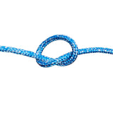 Blue and white flecked 6mm braided rope in a knot on a white background