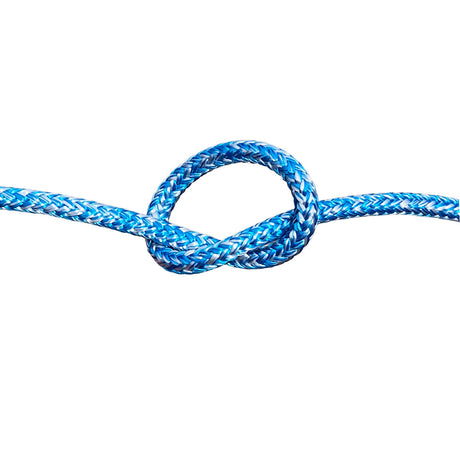 Blue and white flecked 6mm braided rope in a knot on a white background