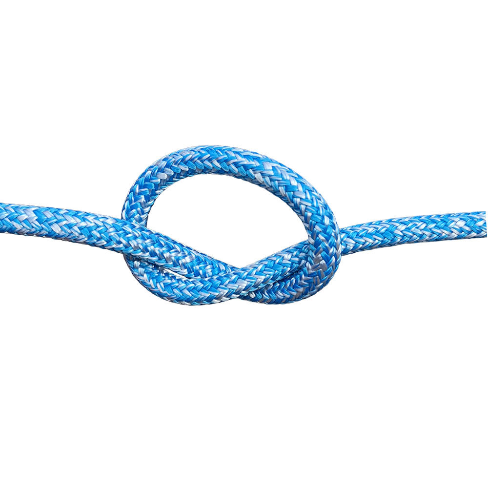 Blue and white flecked 8mm braided rope in a knot on a white background