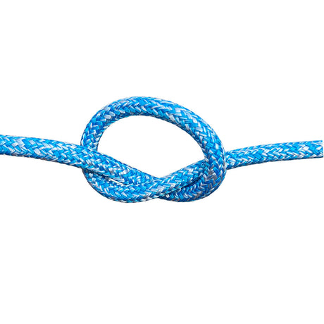 Blue and white flecked 8mm braided rope in a knot on a white background