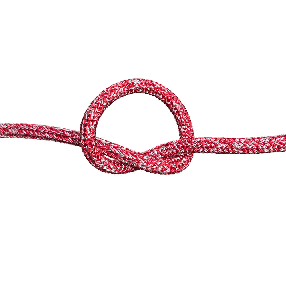 Red and white flecked 10mm braided rope in a knot on a white background