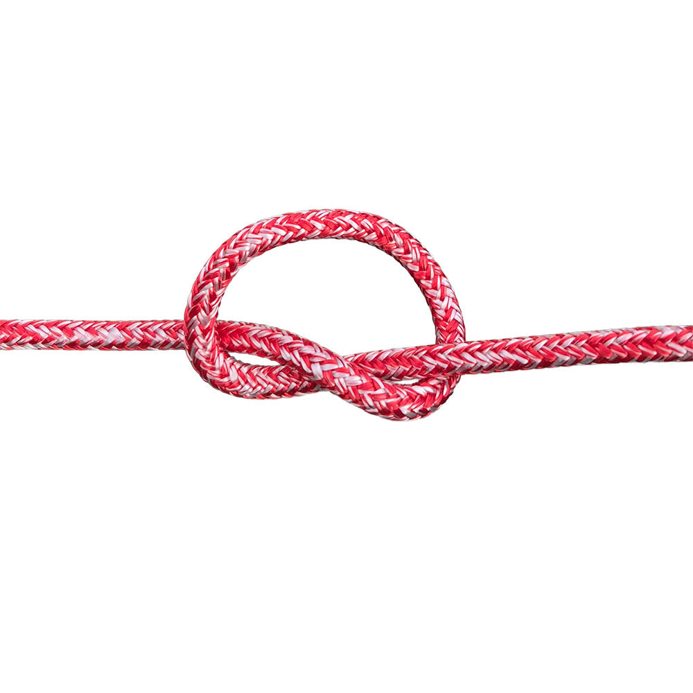 Red and white flecked 6mm braided rope in a knot on a white background
