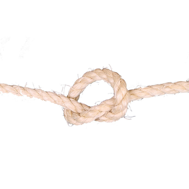 Close-up of a knotted piece of sisal rope on a white background