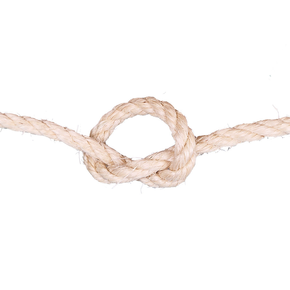 Close-up of a knotted piece of sisal rope on a white background