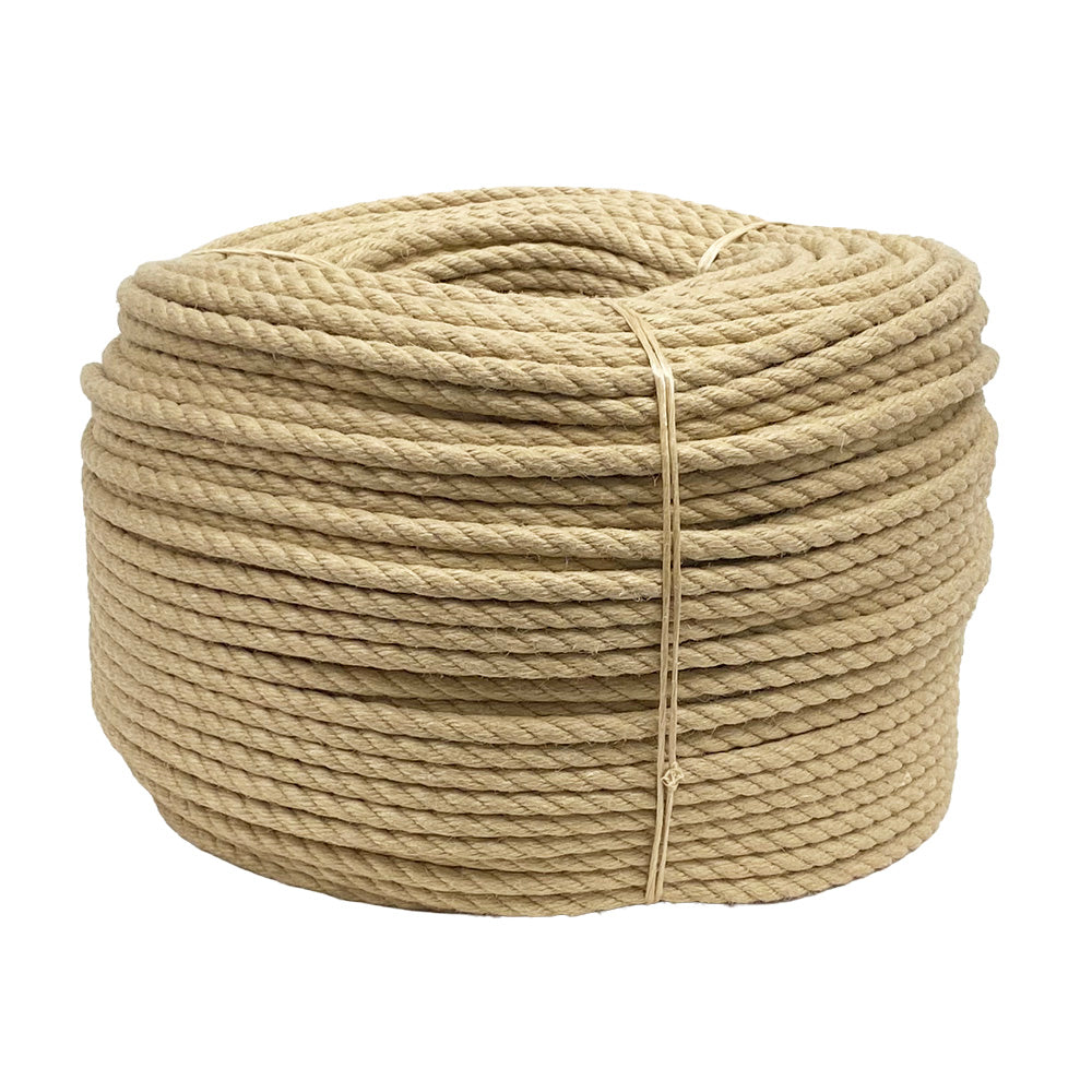 Coil of natural coloured synthetic hemp rope on a white background