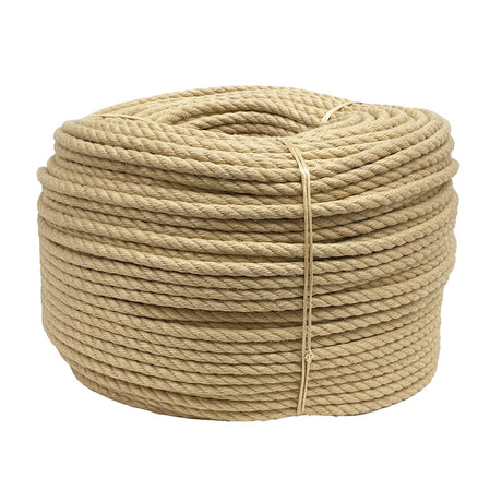 Coil of natural coloured synthetic hemp rope on a white background