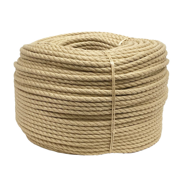 Coil of natural coloured synthetic hemp rope on a white background