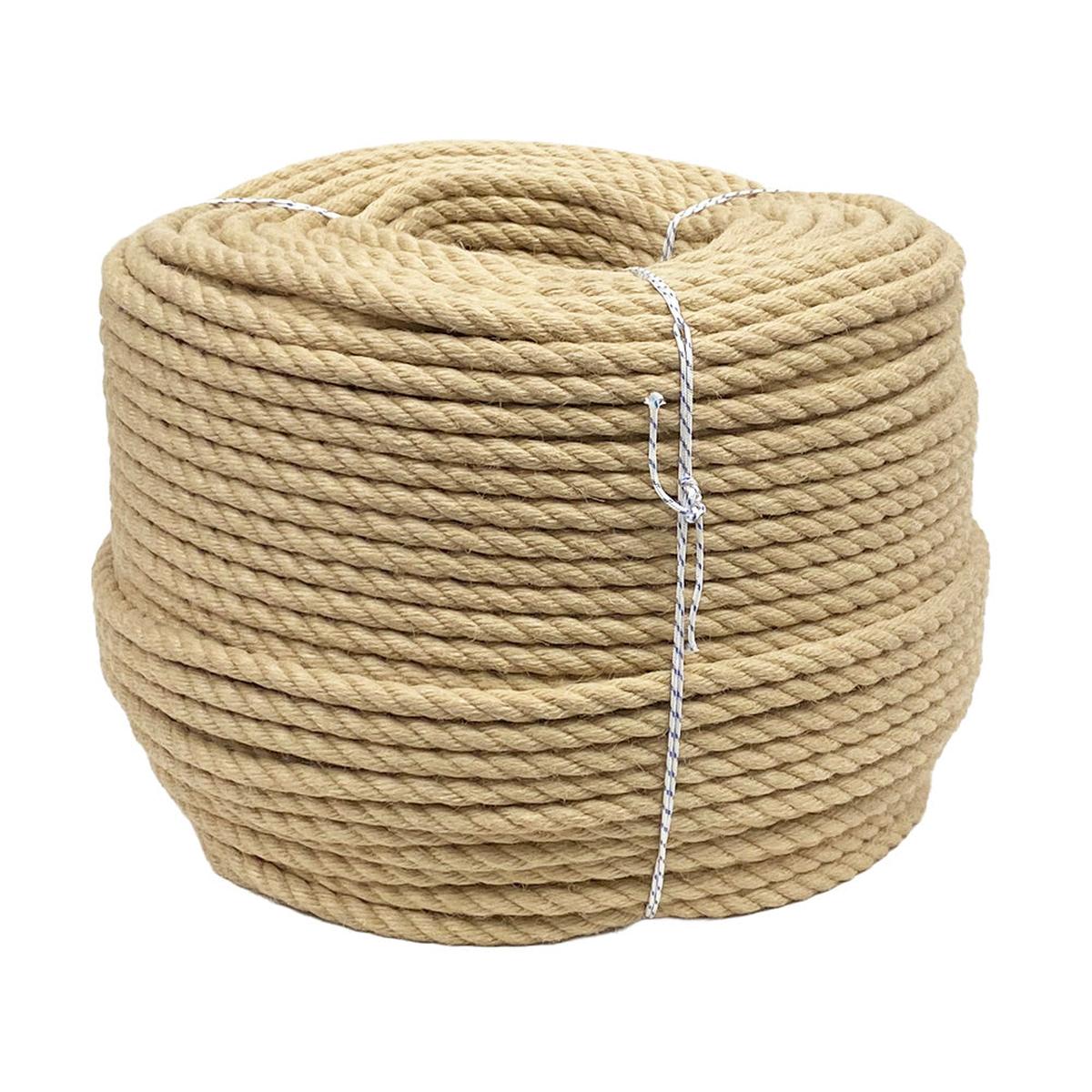 Coil of natural coloured synthetic hemp rope on a white background