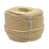 Coil of natural coloured synthetic hemp rope on a white background