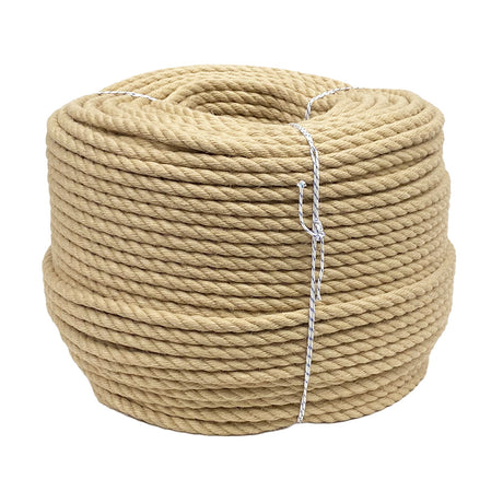 Coil of natural coloured synthetic hemp rope on a white background