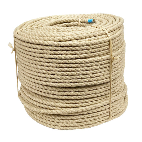 Coil of natural coloured synthetic hemp rope on a white background