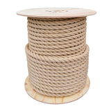 Spool of 18mm synthetic hemp rope on a wooden reel with a white background