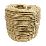 Coil of natural coloured synthetic hemp rope on a white background